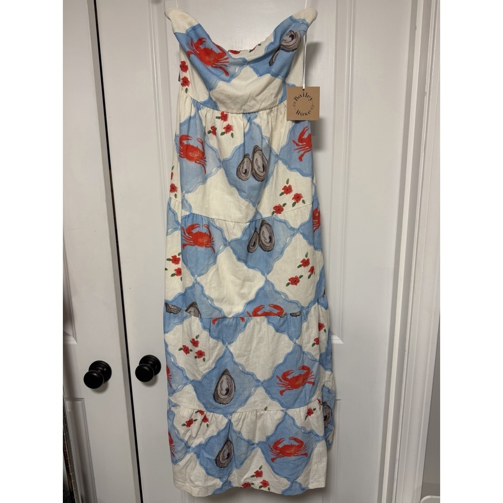 Bailey Rose Strapless Tiered Midi Dress L Coastal Crab Oyster Print Open TieBack